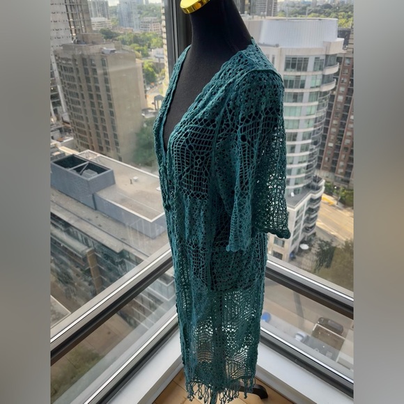 🆕 FARM Rio 🧿 NWOT Floral Crochet Tie Up Kimono, Teal - Sz M - Picture 7 of 16